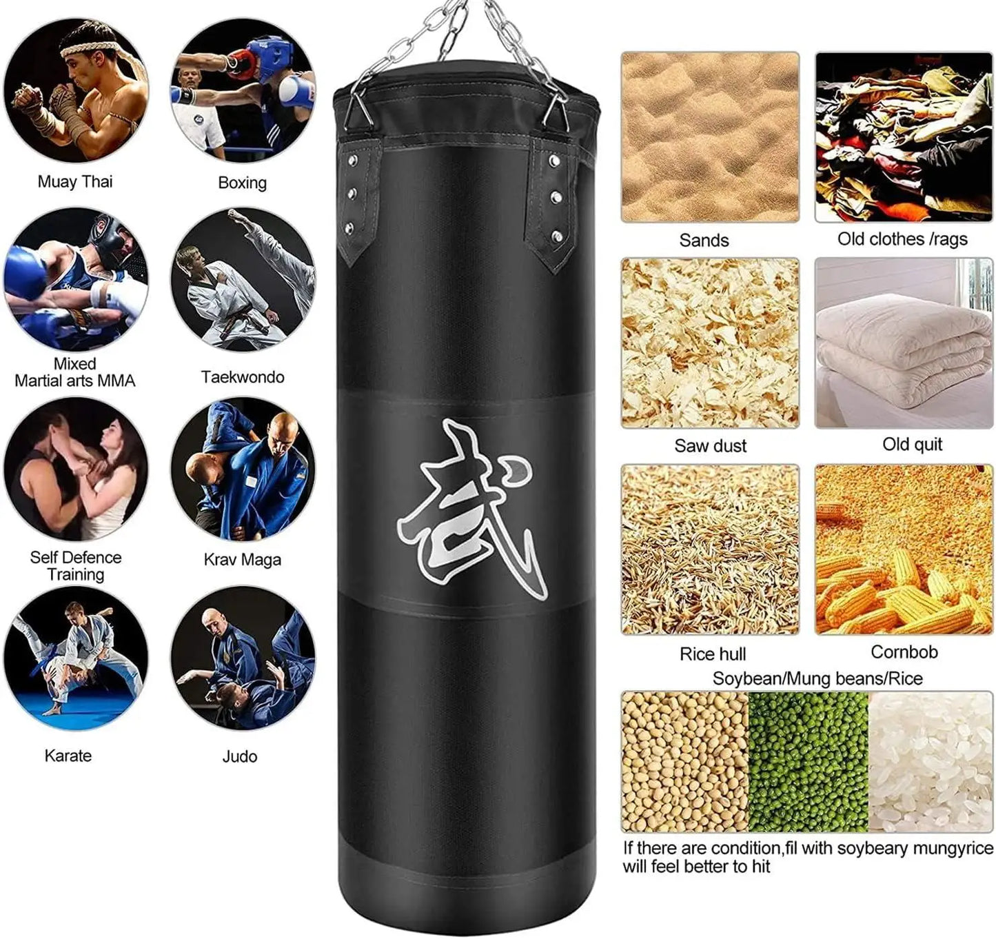 Durable Punch Sandbag for Boxing And Fitness Training with Metal Chain Hook And Carabiner for Kick And Fight Sports like Karate Taekwondo